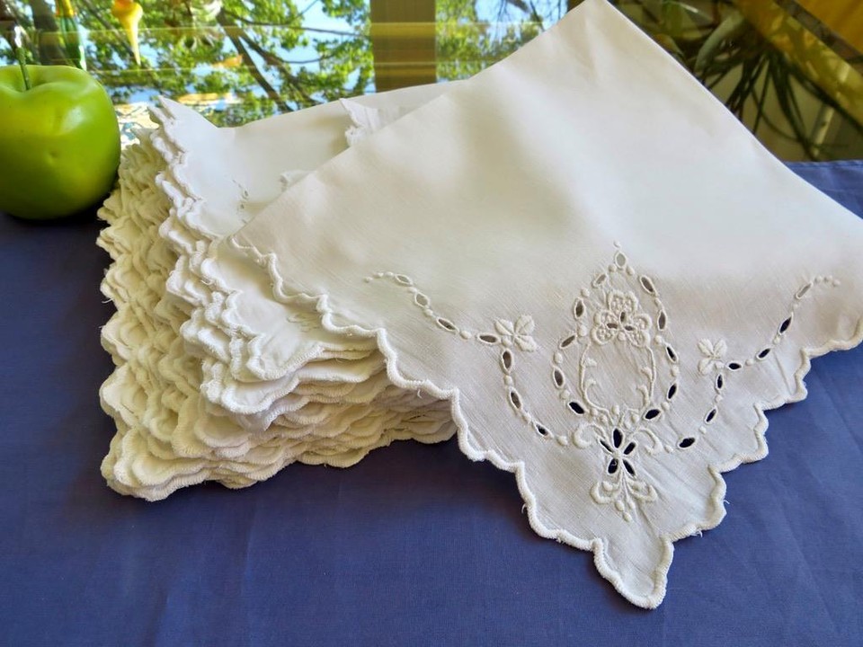 12 Vintage Madeira White Linen Fancy Napkins Hand Embroidered Leaf