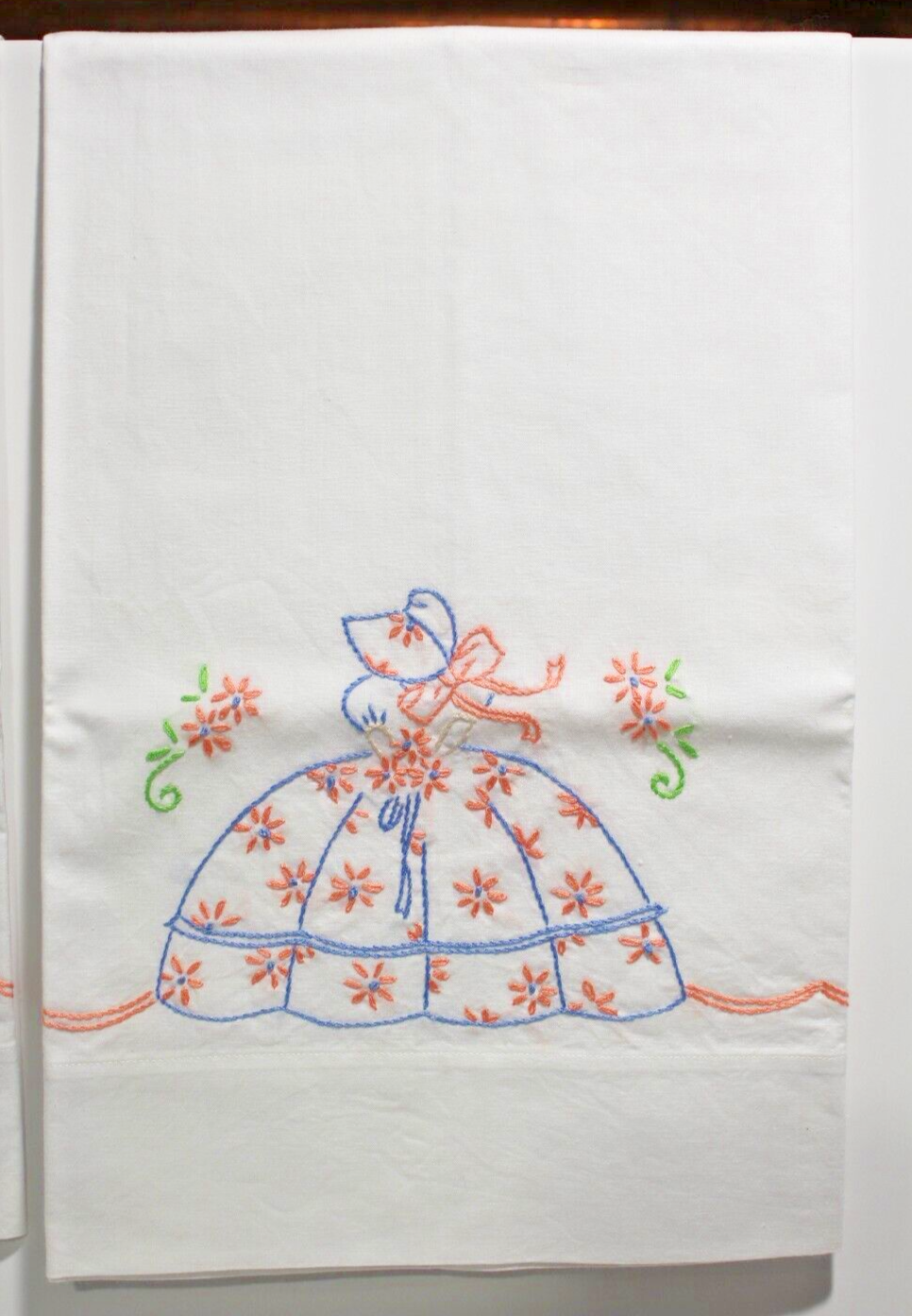 Vintage Pair White Queen Pillowcases Embroidered w/ Victorian Lady eBay