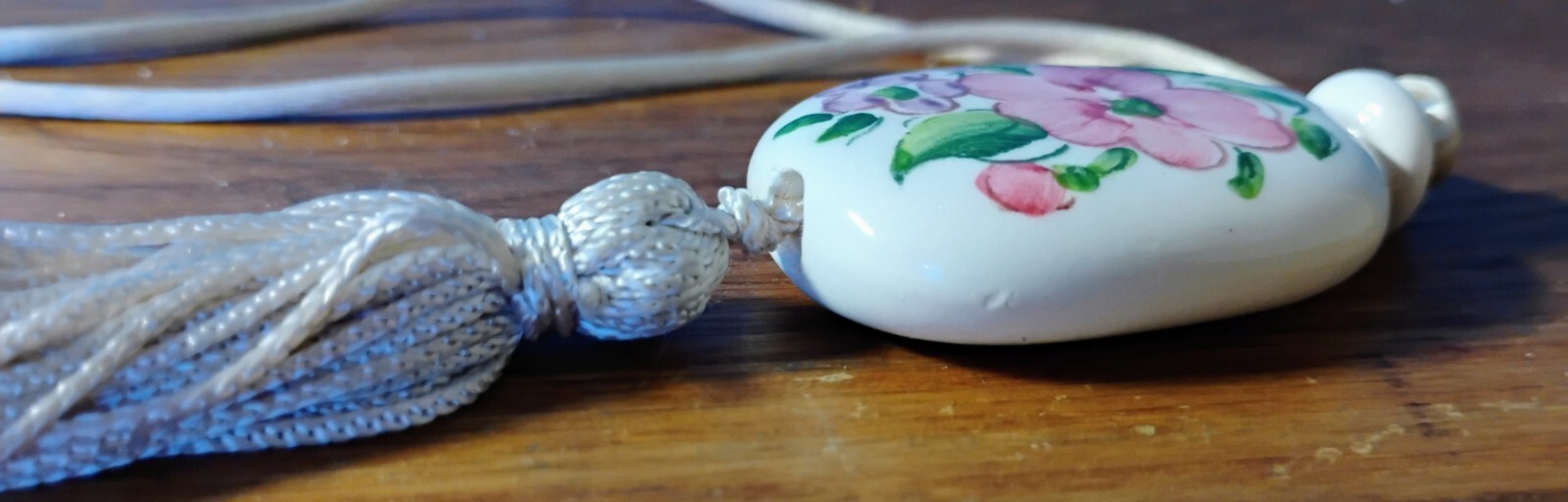 Vintage Floral Porcelain Pendant W/ Tassel Necklace White W/ Pink Flowers