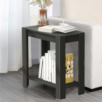 Retro Chairside End Table Slim Sofa Side Table Bedside Nightstand w/ Open Shelf