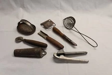 Vintage 7 pc Kitchen Antique Nut Meg Peeler Corer Egg Whisk Press Corn slicer