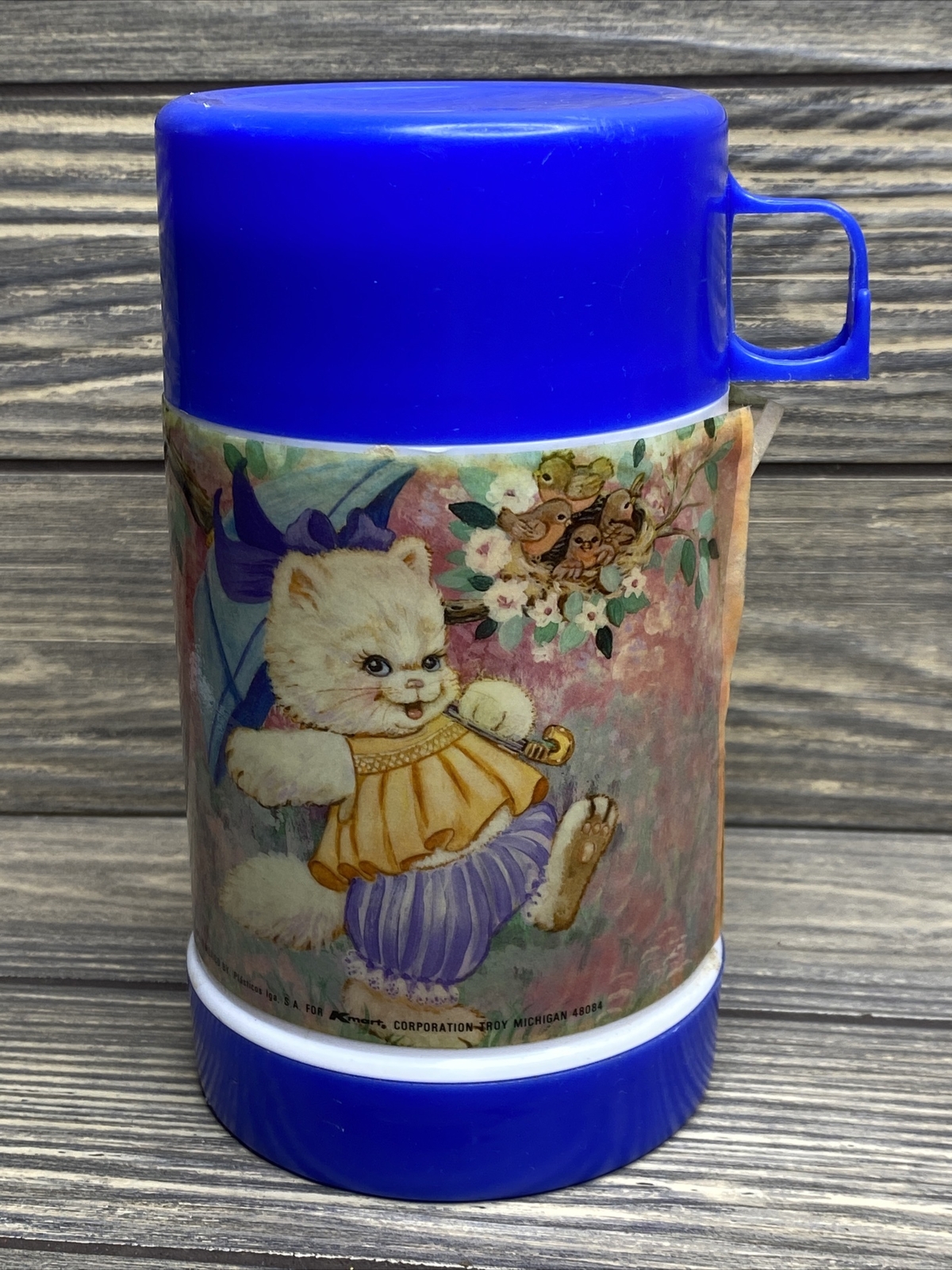 Vintage IGA Made For Kmart Lunch Box Thermos Bottle Jar Blue Kittens
