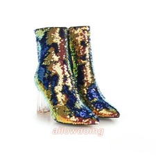 Women's Glitter Full Sequins Ankle Boots High Crystal Heel Dress Party Shoes New