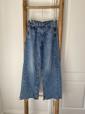 American Eagle Super High-Rise Baggy Wide Leg Frayed Hem Blue Jeans Sz 0 Long