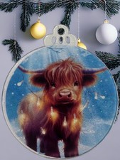 4" Highland Cow w/Lights Christmas Ornament Acrylic Disc Resin Glitter