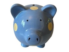 My First Piggy Bank Elegant Baby Large Ceramic Blue White Polka Dots Stopper
