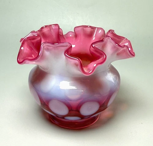 Vintage Fenton Cranberry Opalescent Coin Dot Polka Dot Ruffle Vase Rose Bowl