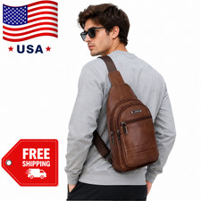 Men's Leather Sling Bag Chest Pack Crossbody Shoulder Backpack USB Earphone Port