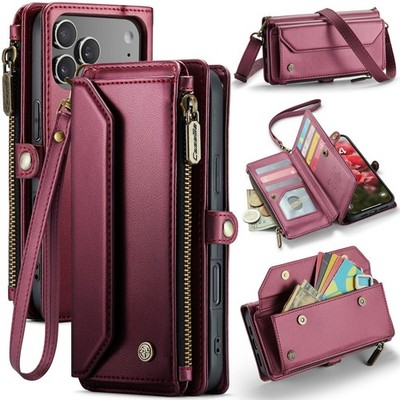 For iPhone 17 16e 15 14 13 12 Pro Max XR 8 7 Leather Zipper Wallet Case w/ Strap
