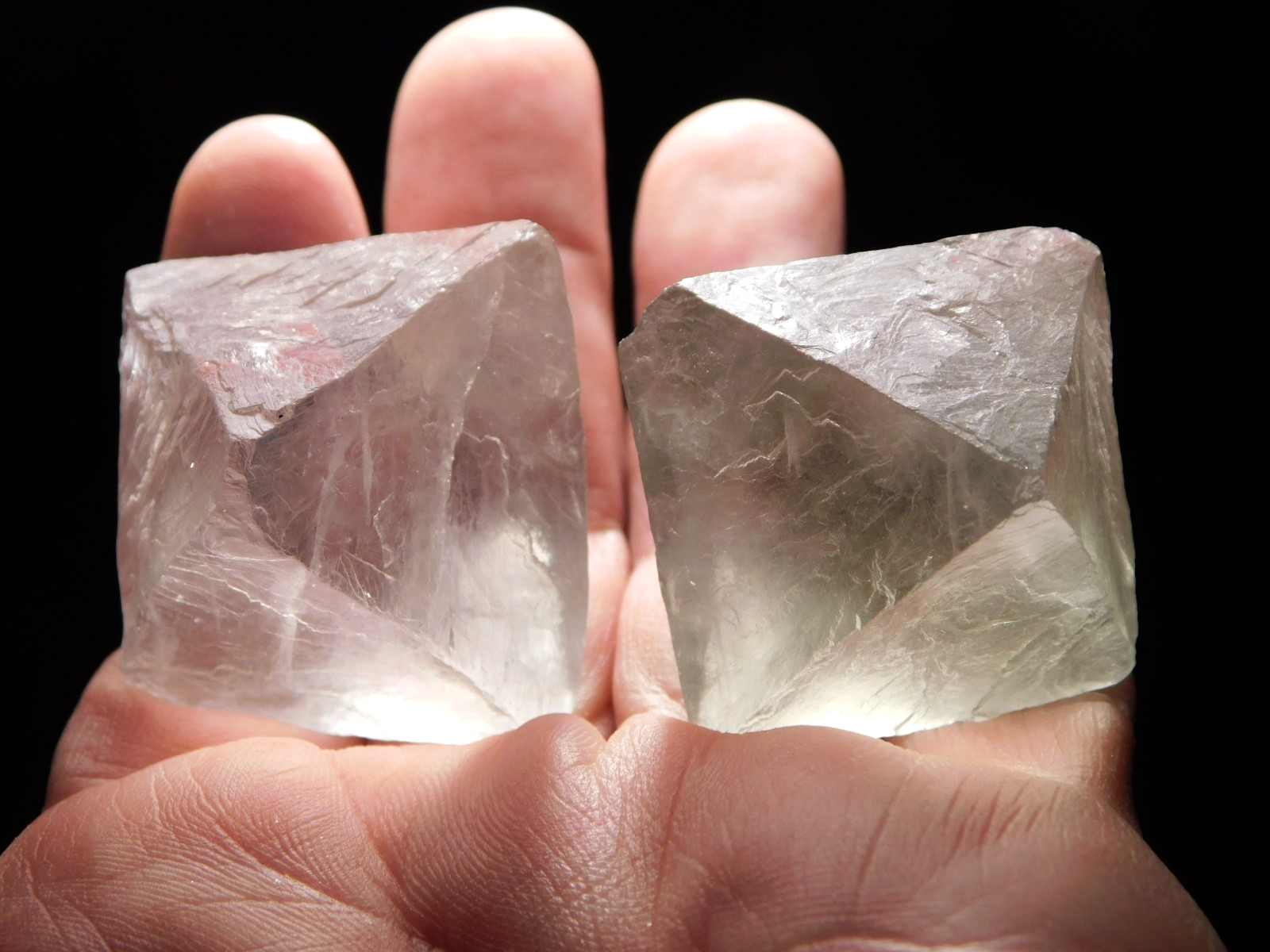 Fluorescent Fluorite Octahedron Crystals 125g Two Large Semi-Translucent Specimens  
