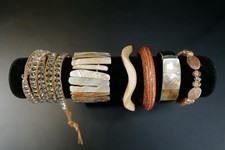 6 Pc Bracelet Gold Tone Lot Beige Brown Assorted Styles Shell Bangles Cuff
