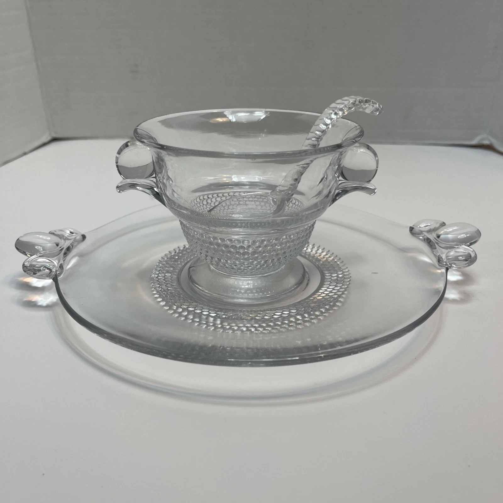 Duncan Miller Glass Teardrop Mayonnaise Sauce Bowl With Underplate and Ladle