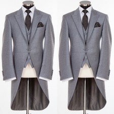 Gray Men Suits Peak Lapel Long Coat Evening Party Prom Wedding Groom Prom Tuxedo