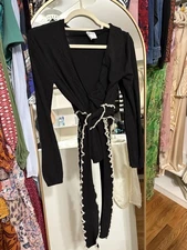 Red Valentino Black Long Sleeve Wrap Cardigan with Ruffle Trim