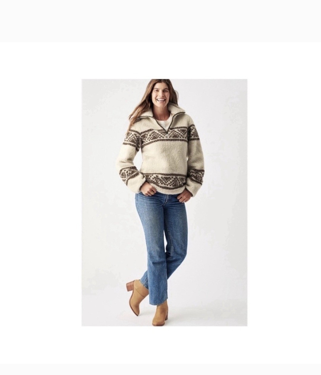 Faherty Aztec Pattern 1/4 Zip Jacket Ivory Brown … - image 3