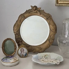 Vintage Cast Metal Gilded Cherubs & Flower Art Nouveau Vanity Mirror