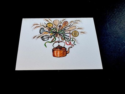 1 VTG Tasha Tudor Xmas Greeting Card Kitchen Accessories Hanger W/ Tea Kettle