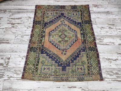 Vintage Turkish Rug Accent Southwestern Ikat Pink Wool Handknotted Rug