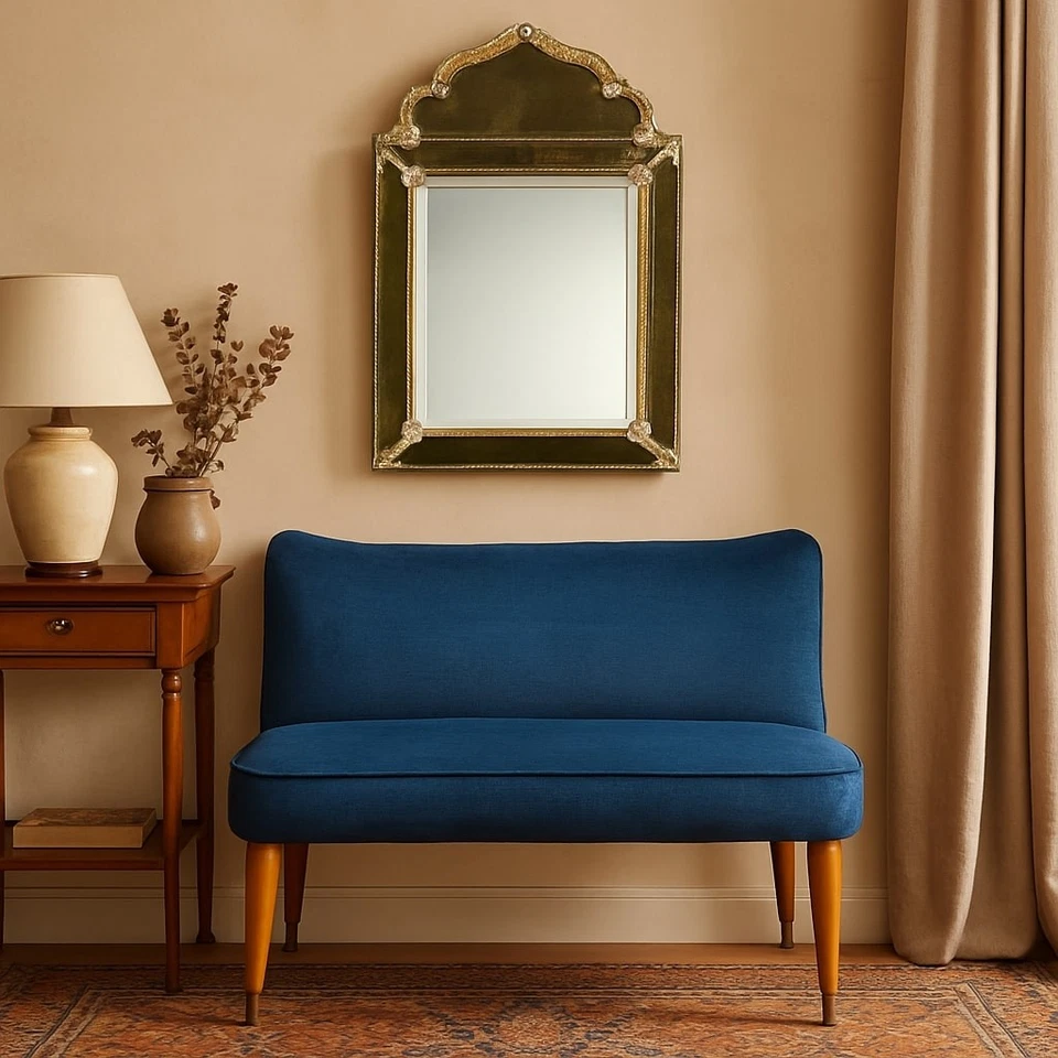 Vintage Kleine Bank Buchenholz Samt Design Italien der 50er Jahre Originell - Bild 2 von 4