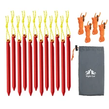 12Pack Aluminum Pegs Stakes Heavy Duty Ground Anchors with Reflective Pull Ropes