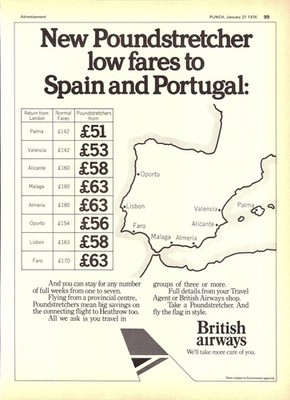 1976 Reklame BRITISH AIRWAYS ''Poundstretcher Fares to Spain & Portugal'' Print Ad