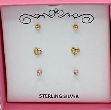 Children's 18k Gold over Sterling Silver 3-Pc. Set Pink CZ Stud Earrings NIB 60