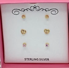 Children's 18k Gold over Sterling Silver 3-Pc. Set Pink CZ Stud Earrings NIB $60