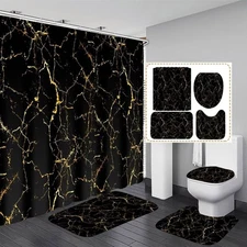 4Pcs Shower Curtain Sets Black and Gold Marble Bathroom Sets with Shower Curtain