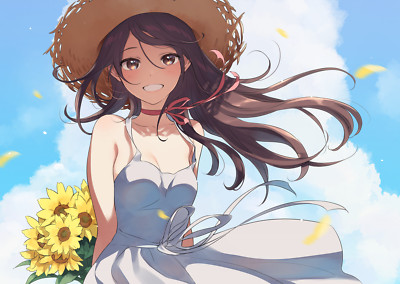 Anime girls brunette white dress straw hat long hair sun playmat gaming mat