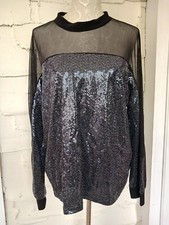 Nine West Sz L Semi Sheer Black Blouse W/ Gunmetal Gray/Black Glittery Material