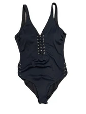 TiniBikini Strappy Deep Plunge Textured One Piece Solid Black Size S 00872