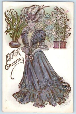 c1905 Easter Greetings Pretty Woman Holy Book Lilies Flowers Pot Postcard