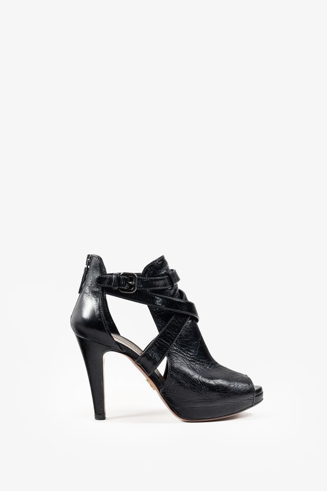 Prada Black Leather Peep-Toe Heels, Size US 5