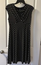 CHAPS S/L BLACK&WHITE POLKA DOT PULLOVER FIT&FLARE KNIT V-NECK DRESS - PM