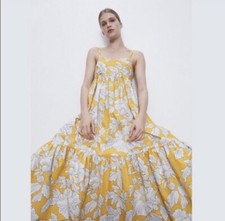 Zara Yellow White Floral Print Tiered Long cotton dress Bloggers Favorite M