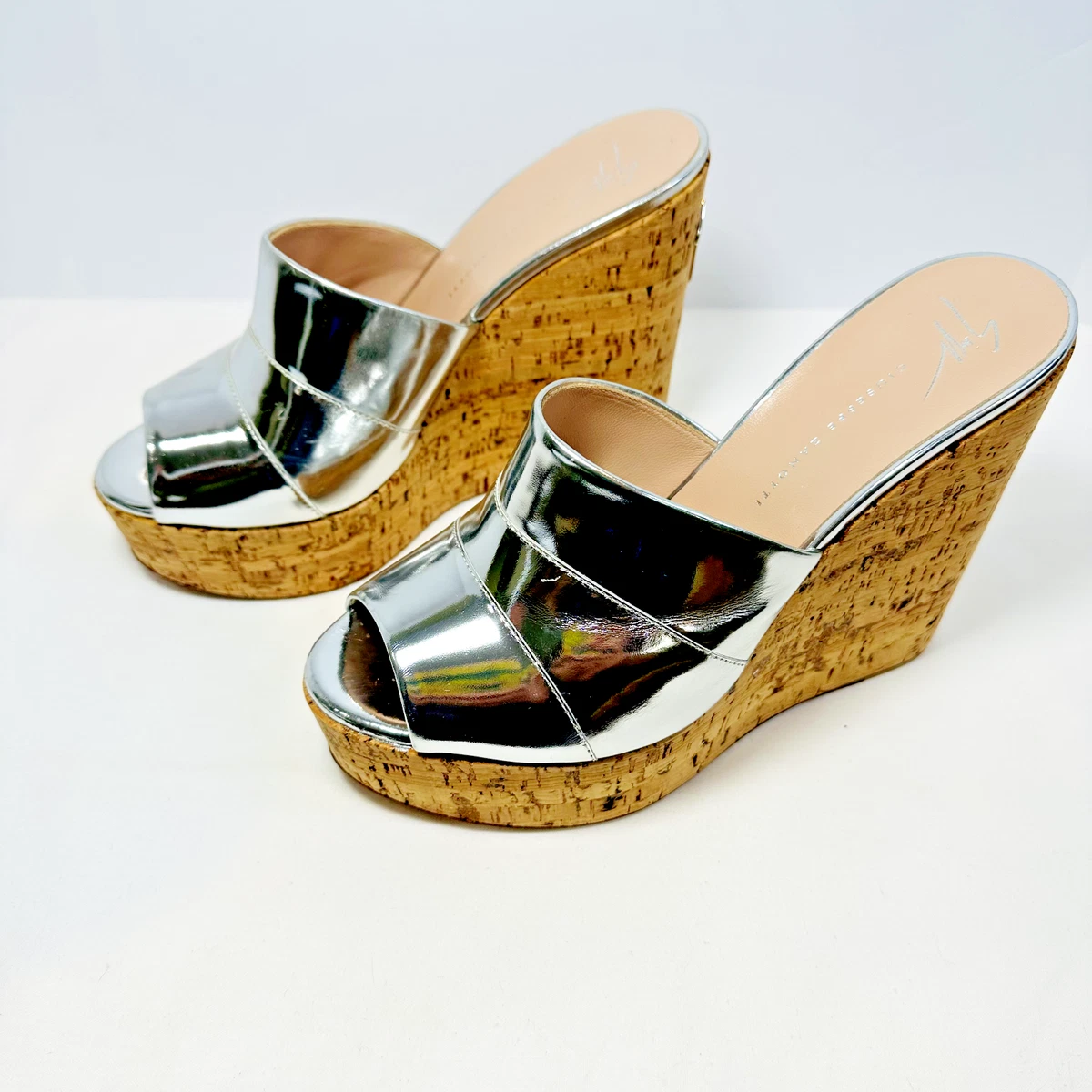 GIUSEPPE ZANOTTI Metallic Silver Leather Roz Cork Wedge Platform Sandals SZ 8.5M