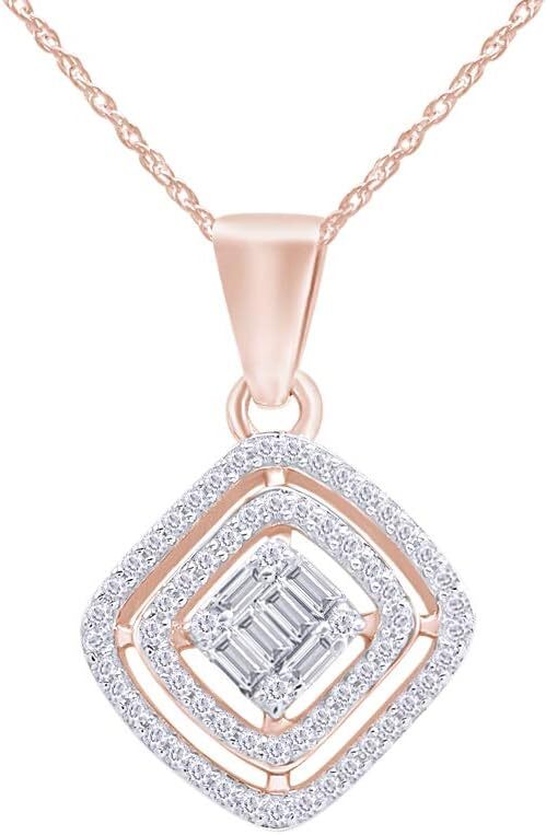 1/3ct Lab Grown Diamond Square Cluster Pendant  18" Chain Necklace 14K Gold