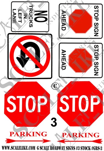 SCALELIKE INDUSTRIES G-ROADWAY SIGNS 3 (GRS-3) PRINTED ON PLASTIC FACTORY NEW