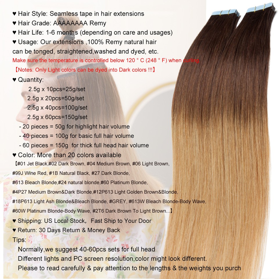 60PCS-150G Remy Human Hair Tape In Extensions 100% Real Thick Ombre ...