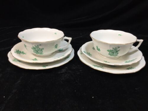 (2) Herend 'GREEN FLOWERS' TEA TRIO - Teacup, Saucer, Plate - Pattern #HER63 - Picture 6 of 12