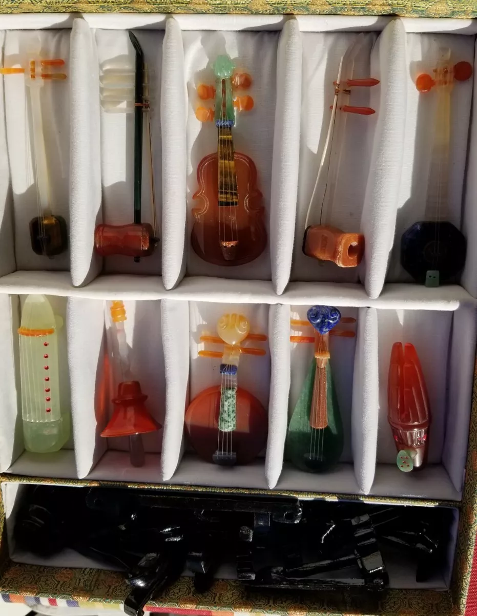 Vintage Semi Precious Jade Stone Miniature Musical Instruments w