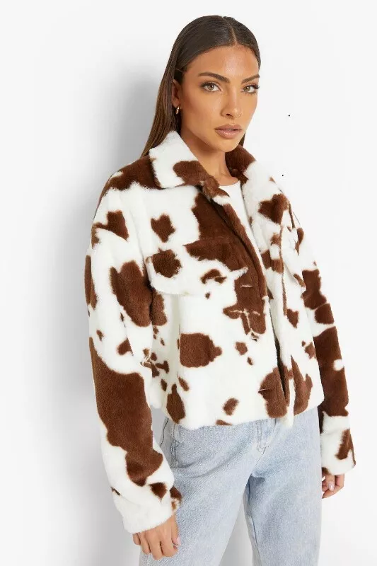 WOMEN COW PRINT FAUX FUR JACKET eBay