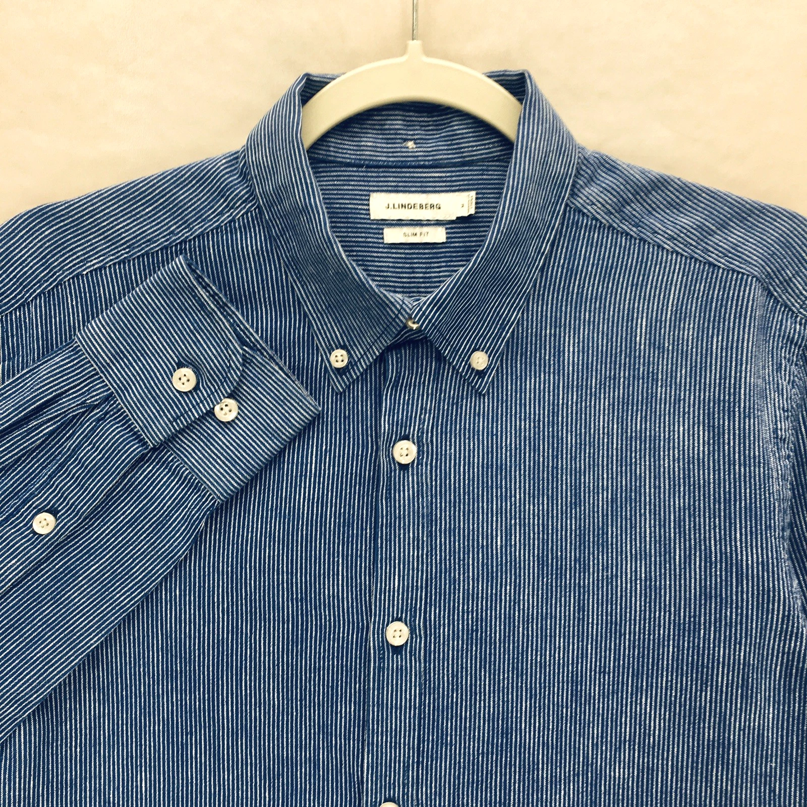 J. Lindeberg Linen Blend Shirt Mens M Slim Fit Blue Blue Stripe Button Down