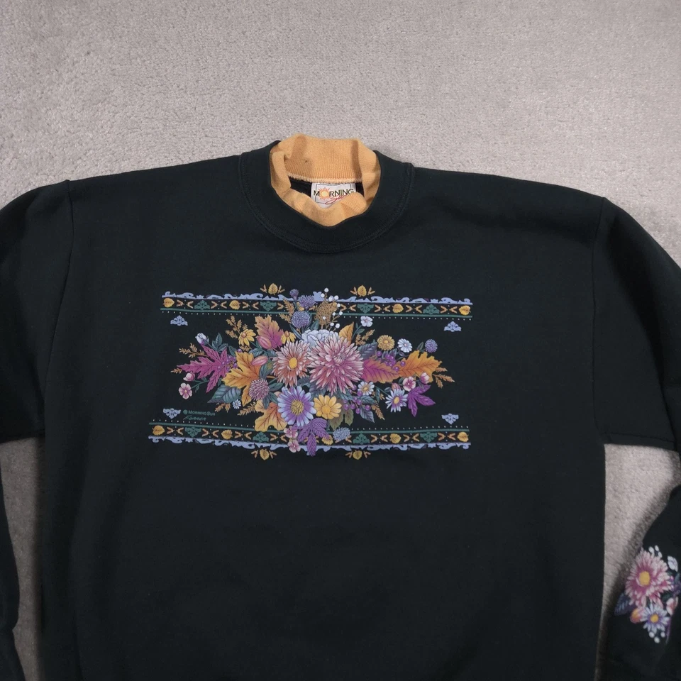 VINTAGE Morning Sun Sweatshirt Womens Large Green Floral Mock Neck Made USA 90s - Image 3 of 4