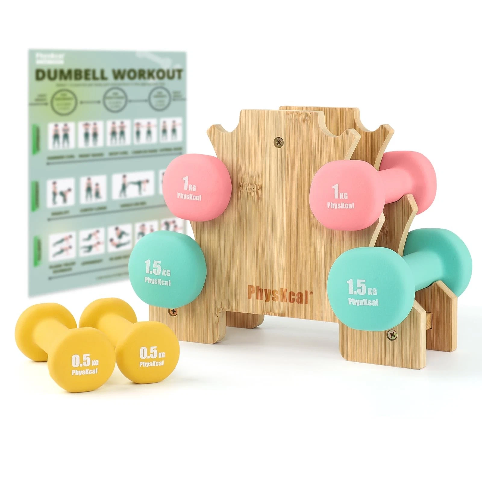 Dumbbell Set with Bamboo Stand | 2 x 0.5kg, 2 x 1kg, 2 x 1.5kg | Dumbbells for...