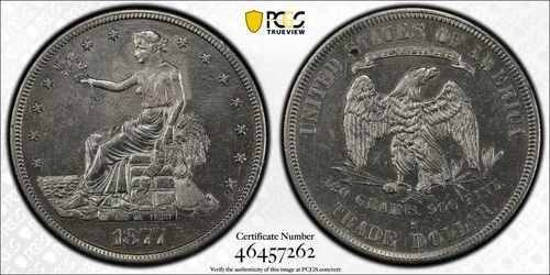 1877 S PCGS AU Detail - Silver Trade Liberty Dollar $1 Coin #56598A