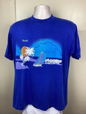 Vtg 80s Florida T-Shirt Blue L Sunset Sailboats Palm Trees Single Stitch Tourism