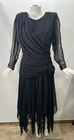 Vtg 80s Tadashi Black Dress Party Cocktail Ruched Chiffon Handkerchief Hem Sz 16