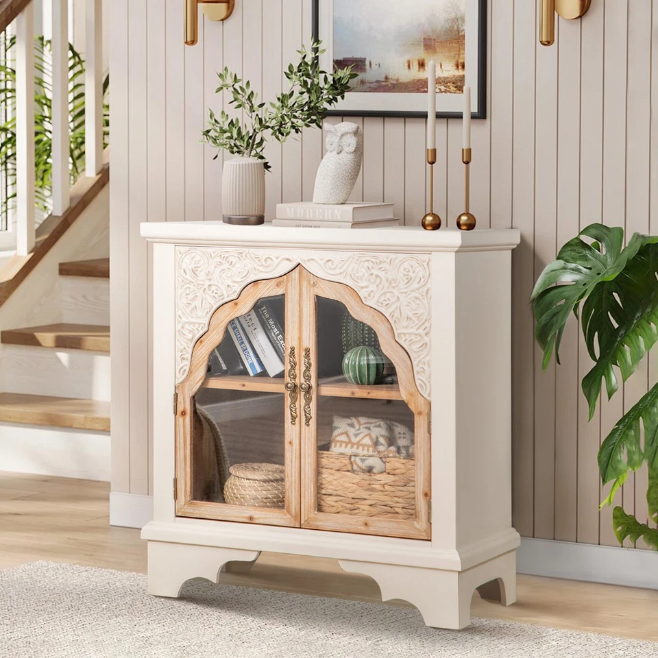 PHI VILLA Accent Cabinet with Glass Doors Storage Display Cabinet for Living Room Entryway