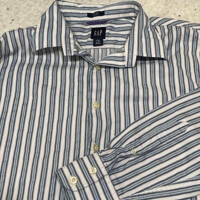 GAP Men's Dress Shirt Blue White Striped Cotton Fitted Premium Size XL 17-17 1/2